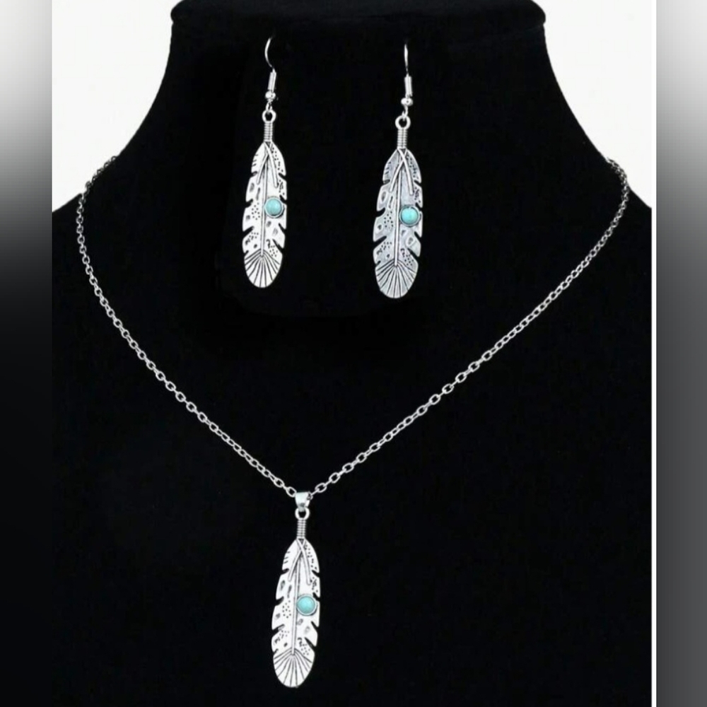 Faux Turquoise Earrings & Necklace Set